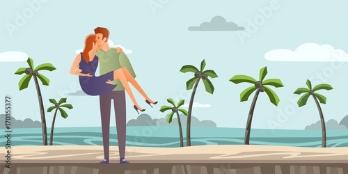 Young couple in love. Man and woman on a romantic date on a tropical beach with palm trees. A man carries a woman on his hands. Vector illustration.