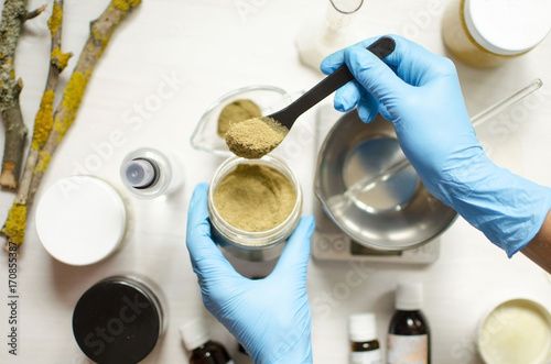 Moroccan soap preparation. Natural cosmetics recipe. Essential oils and herbal composition ingredients