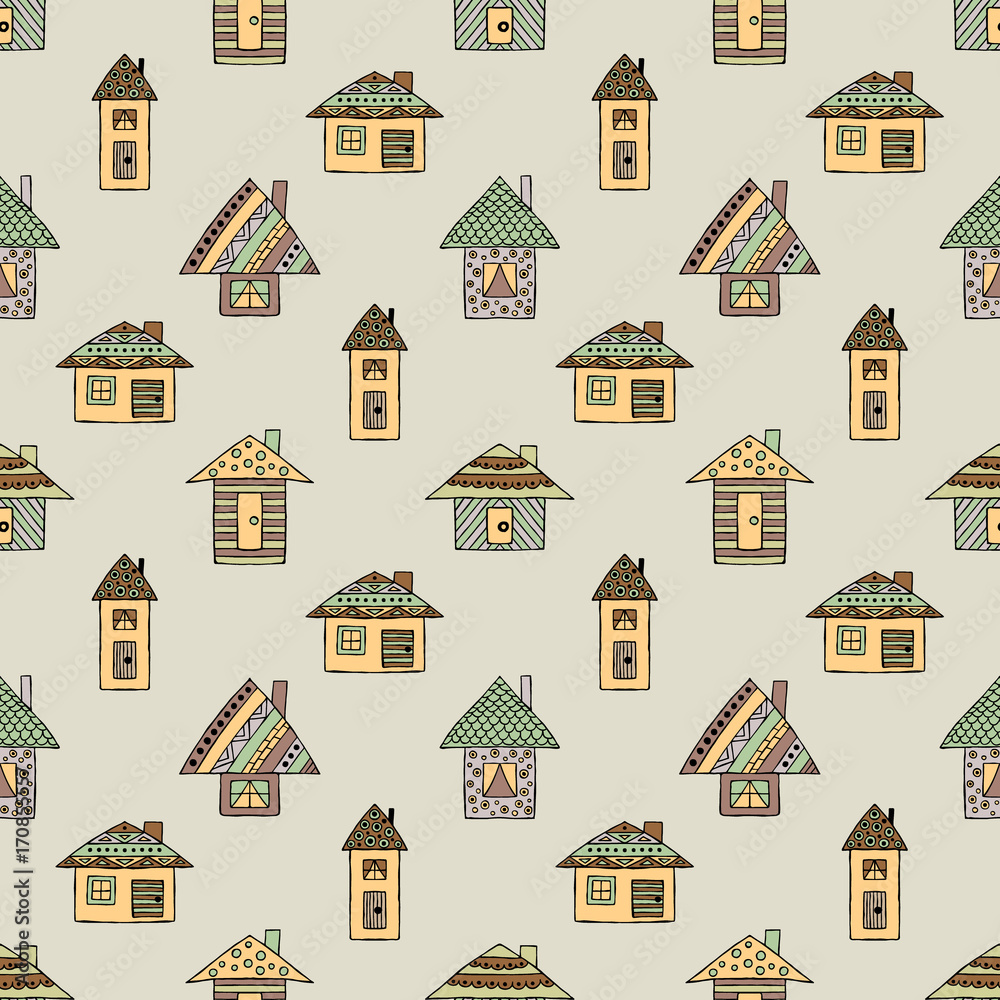Vector hand drawn seamless pattern Decorative stylized childish houses Doodle style, graphic illustration Ornamental cute hand drawing in brown colors. Series of doodle, cartoon, sketch illustrations