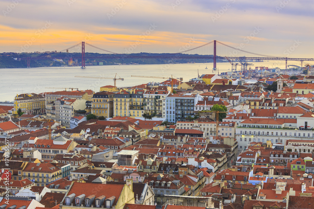 View to the downtown Lisbon with the bridge and Tagus river as background