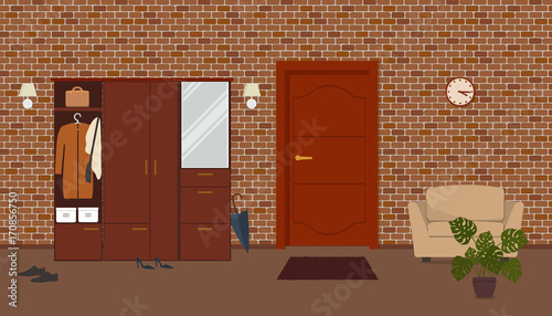 Entrance hall in the apartment. There is a wardrobe with things, an umbrella, an armchair, a flower in a pot, lamps and other objects on the brick wall background in the picture. Vector illustration