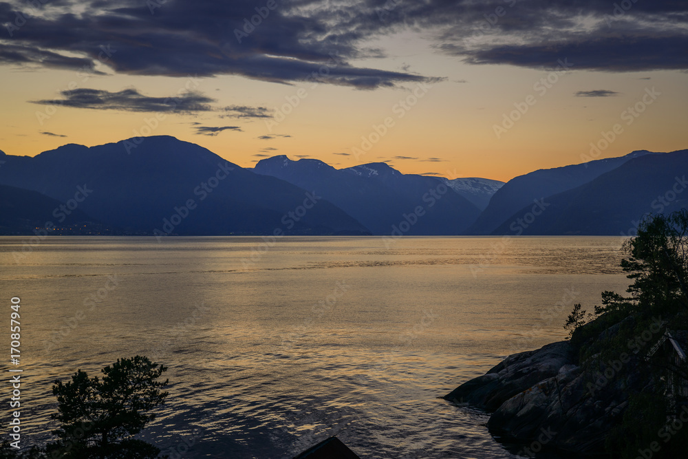 sunset at the sognefjord in norway