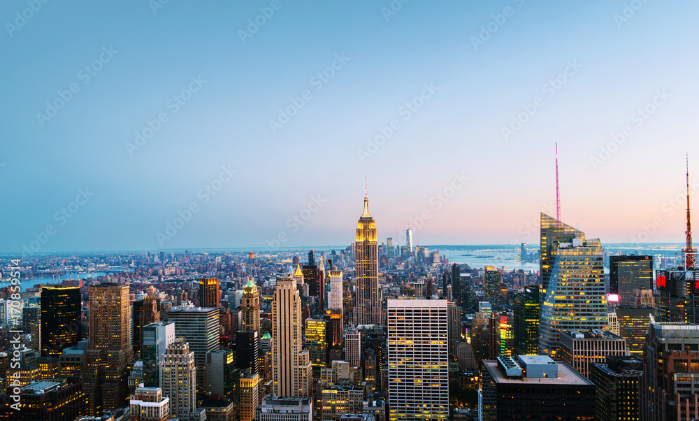 Aerial view on the city skyline in New York City, USA on a night
