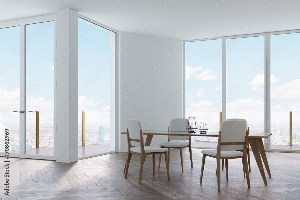White dining room, white and wooden chairs White dining room, white and wooden chairs