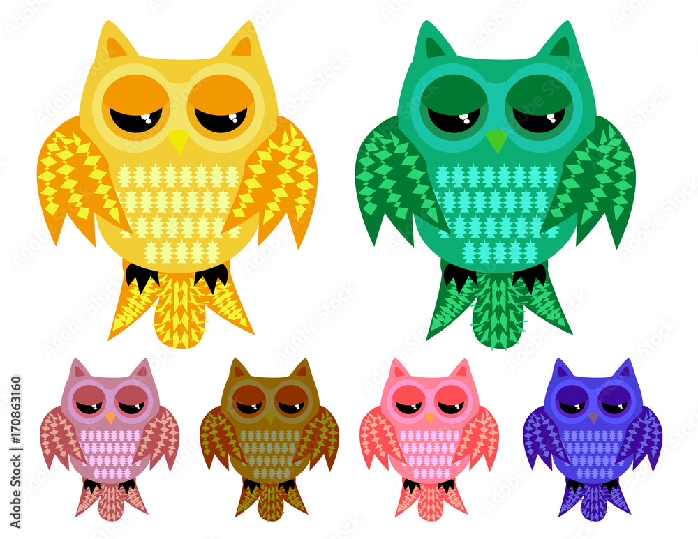 Fototapeta premium a set of six half-asleep owls with half-closed eyes with ornamented wings and tails in different color variations