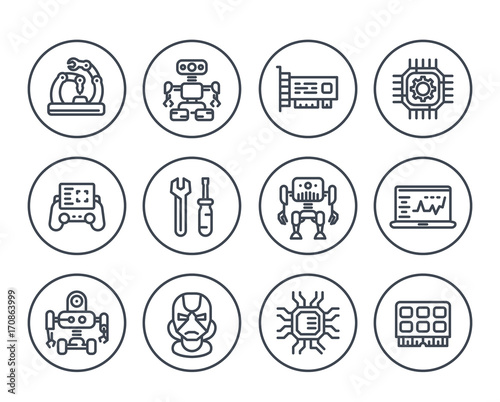 Fototapeta Robotics, mechanical engineering, robots, microelectronics line icons on white