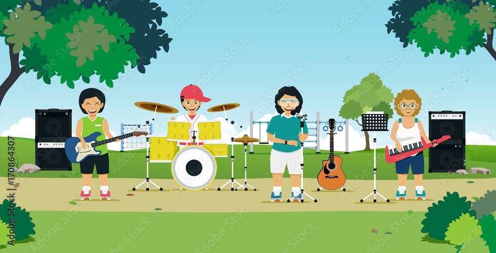 Obraz premium Students play music and sing in the garden.