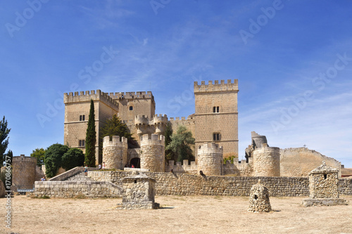 Castle and church of Ampudia, Tierra de Campos, Palencia province, Castilla y Leon, Spain