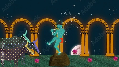 Lord Krishna Playing on the Flute in a Garden at Night photo