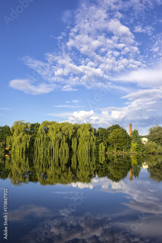 Beautiful reflections in the lake oft trees and of clouds photo