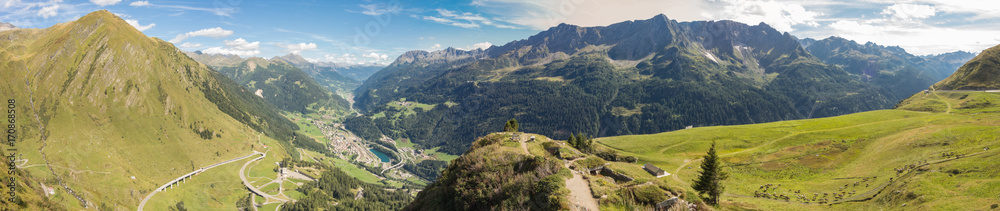 Panorama on the valley Leventina and the surrounding mountains from the road to the Gotthard Pass, Switzerland