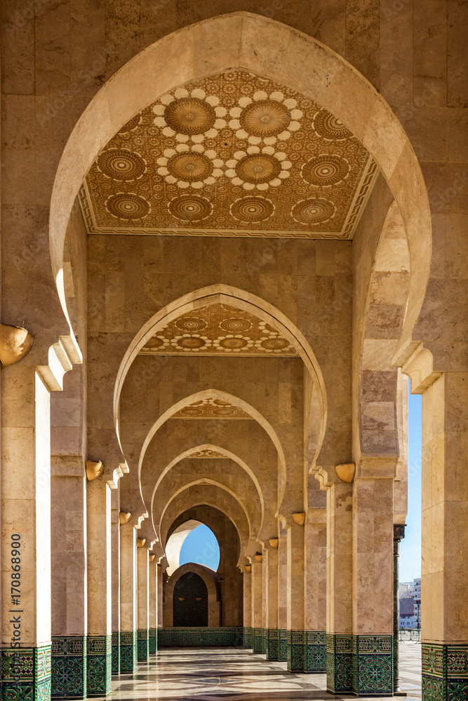 Casablanca architecture, Morocco. Mosque Hassan II arcade gallery