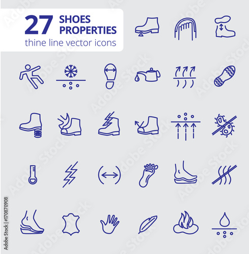 Shoes properties symbols. These icons indicate properties of footwear. Thin line icons. Editable strokes. Vector