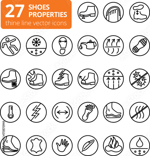 Shoes properties symbols. These icons indicate properties of footwear. Thin line icons. Editable strokes. Vector