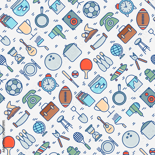 Garage sale or flea market seamless pattern. Thin line vector illustration for background of banner, web page, print media.