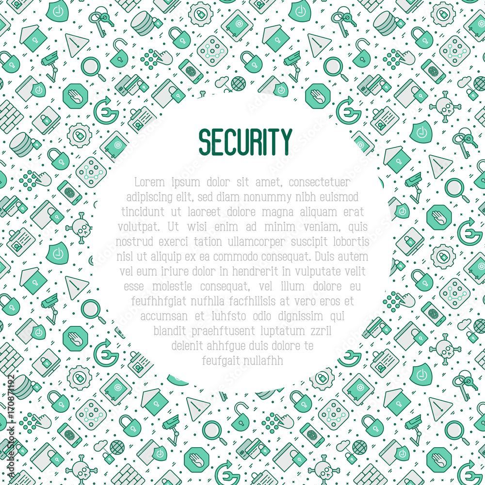 Security and protection concept with thin line icons: data, surveillance camera, finger print, electronic key, password, alarm, safe. Vector illustration for banner, web page, print media. Security and protection concept with thin line icons: data, surveillance camera, finger print, electronic key, password, alarm, safe. Vector illustration for banner, web page, print media.