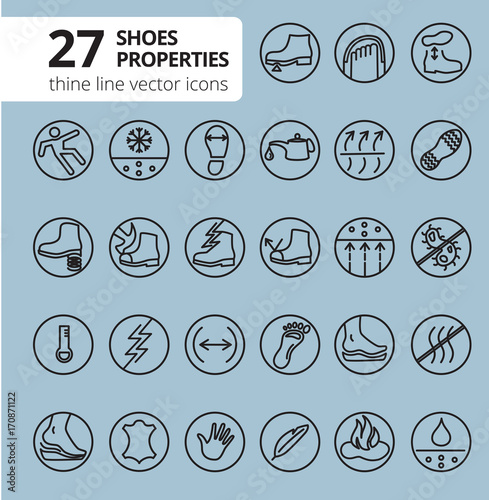 Shoes properties symbols. These icons indicate properties of footwear. Thin line icons. Editable strokes. Vector