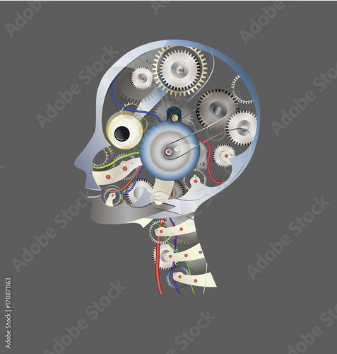 detailed metallic robot man head on dark background,