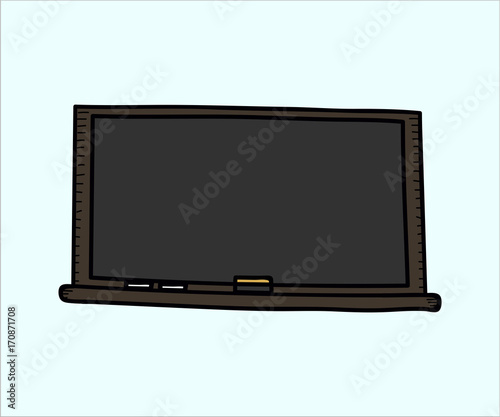 School objects - empty blackboard with chalk and eraser. Vector doodle illustration in eps10