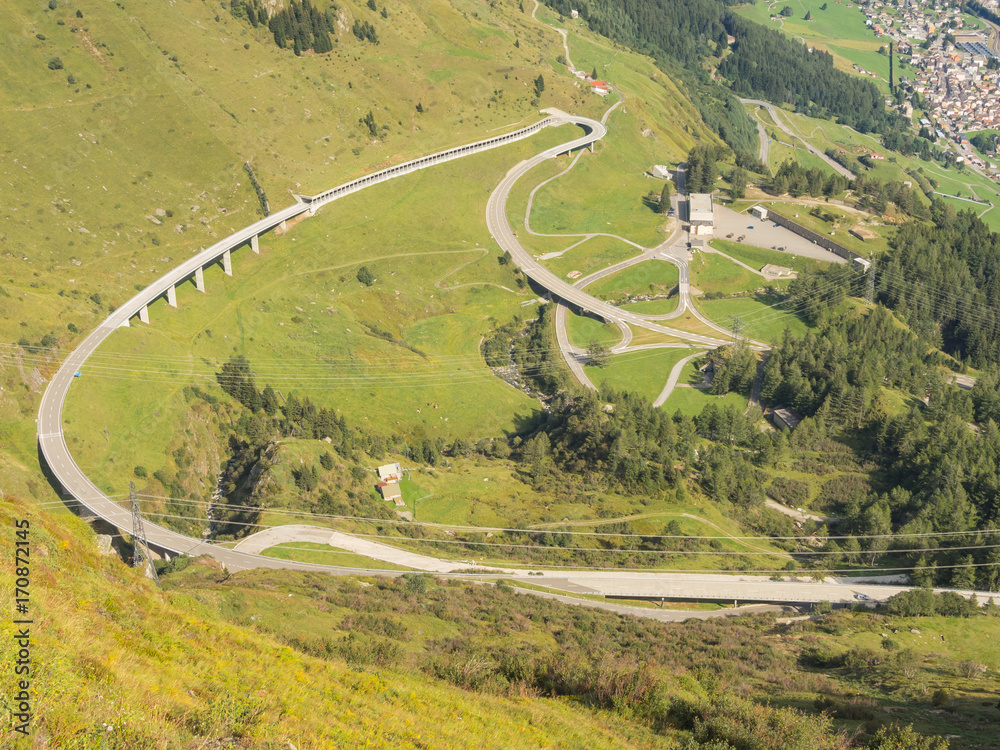 Mountain bends and intersections that create beautiful shapes. Road to Gotthard pass, Switzerland