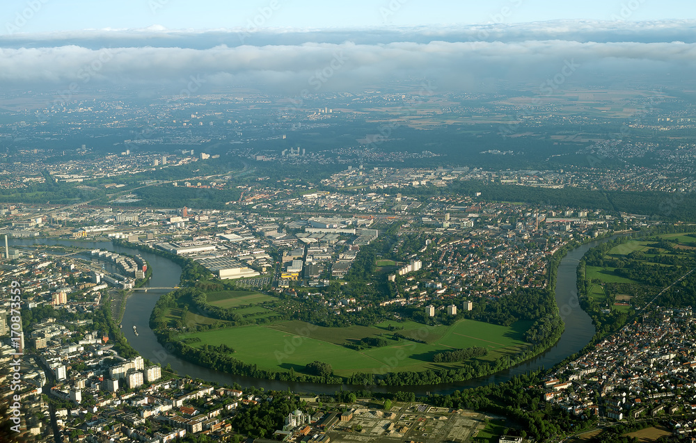 Aerial view of Fechenheim, Frankfurt am Main, Germany.