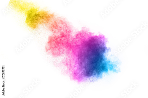 abstract multicolored powder splatted on white background,Freeze motion of color powder exploding