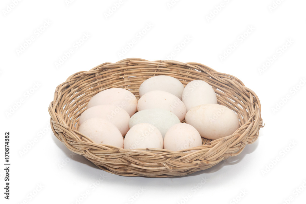raw dirty duck eggs in basket on white background raw dirty duck eggs in basket on white background