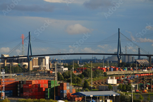 The bridge "Koehlbrandbruecke" in the port of Hamburg, Germany