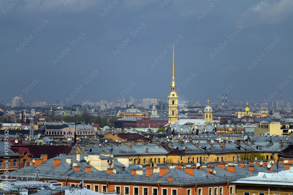 Aerial view on Saint Petersburg, Russia. Roofs, Peter and Paul Fortress, windows, city skyline.