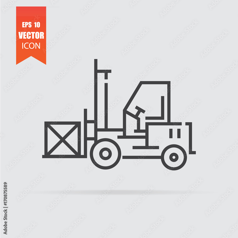 Forklift icon in flat style isolated on grey background.