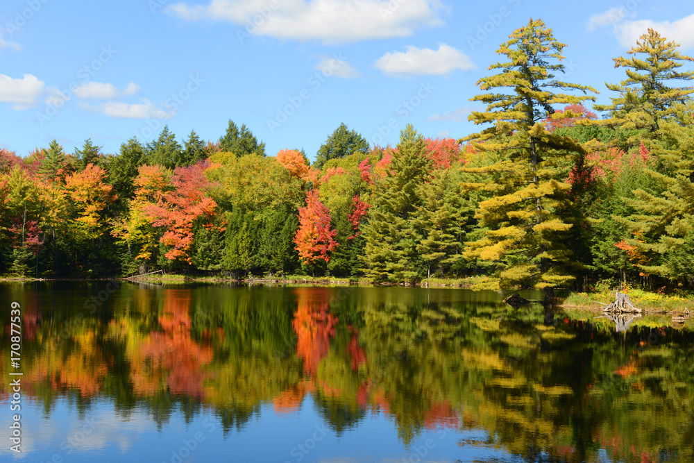 Church Pond in fall with foliage in town of Paul Smiths, Adrondack Mountains, New York, USA.