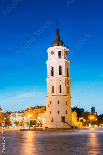 Vilnius, Lithuania. Evening Night View Of Bell Tower Belfry Of Vilnius Cathedral At The Cathedral Square In Twilight
