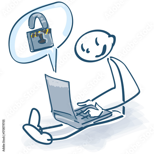 Strichmännchen am Laptop und Schloss