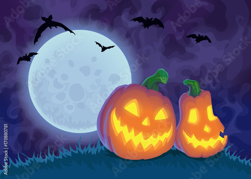 Halloween night background with Moon and Jack O' Lanterns, illustration.