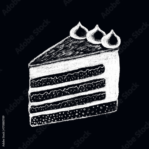 White chalk cake piece drawing on blackboard. Sweet pie piece doodle illustration.