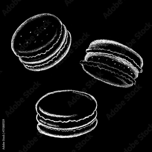 White chalk macarons drawing. French cookie with cream.