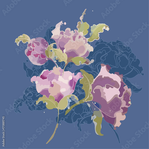 Peonies  pattern, fabric, wall paper, tiles, templates, vector blue 