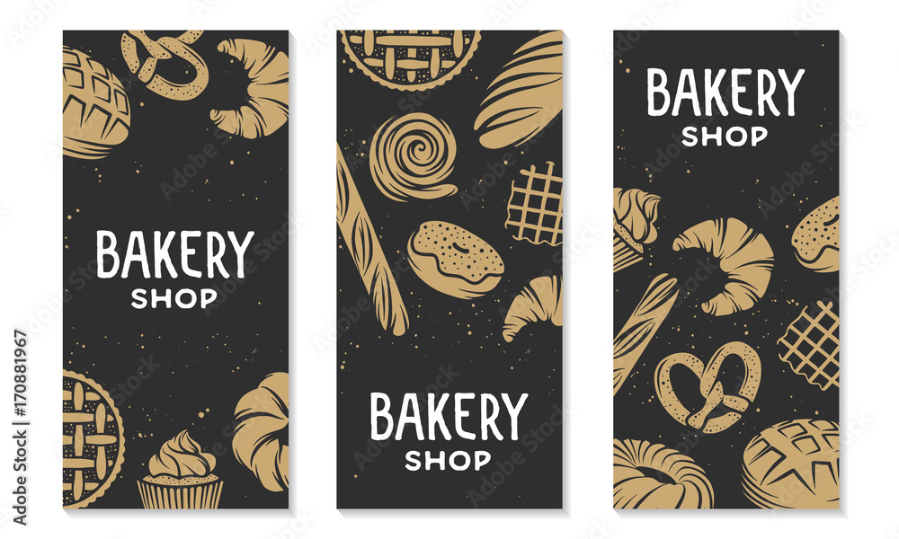 Fototapeta Set of vector bakery engraved elements. Typography design with bread, pastry, pie, buns, sweets, cupcake. Collection of modern linear graphic design vertical banner template. Bakery shop.