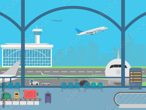 Airport terminal. Field with airplanes and flying airplane