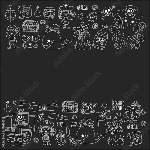 Pirate adventures Pirate party Kindergarten pirate party for children Adventure  treasure  pirates  octopus  whale  ship Kids drawing vector pattern