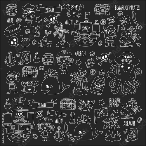 Pirate adventures Pirate party Kindergarten pirate party for children Adventure, treasure, pirates, octopus, whale, ship Kids drawing vector pattern