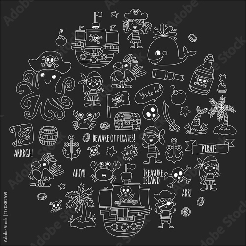Pirate adventures Pirate party Kindergarten pirate party for children Adventure, treasure, pirates, octopus, whale, ship Kids drawing vector pattern