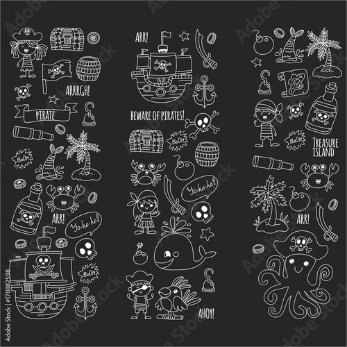 Pirate adventures Pirate party Kindergarten pirate party for children Adventure, treasure, pirates, octopus, whale, ship Kids drawing vector pattern