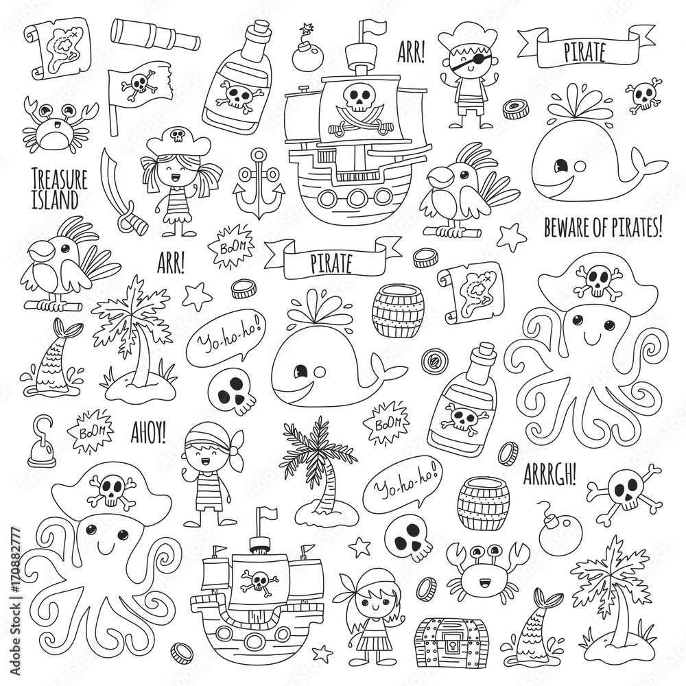 Pirate adventures Pirate party Kindergarten pirate party for children Adventure, treasure, pirates, octopus, whale, ship Kids drawing vector pattern