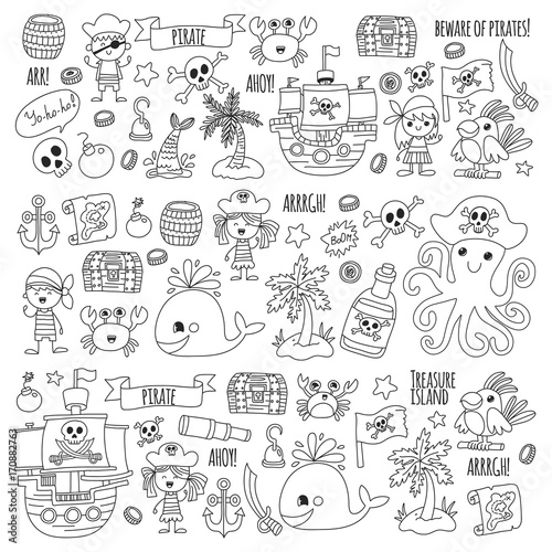 Pirate adventures Pirate party Kindergarten pirate party for children Adventure, treasure, pirates, octopus, whale, ship Kids drawing vector pattern