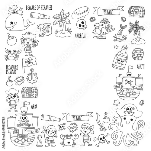 Pirate adventures Pirate party Kindergarten pirate party for children Adventure, treasure, pirates, octopus, whale, ship Kids drawing vector pattern
