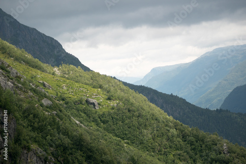 Cloudy view on the narrowest fjord in Norway