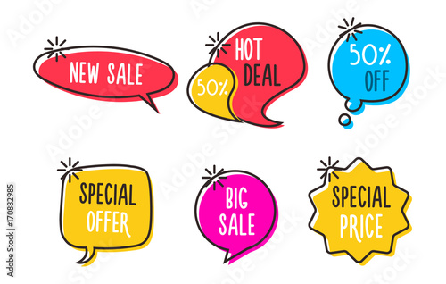 Sale labels, tags, speech bubbles, banners, logos, icons. Hand drawn doodle vector design