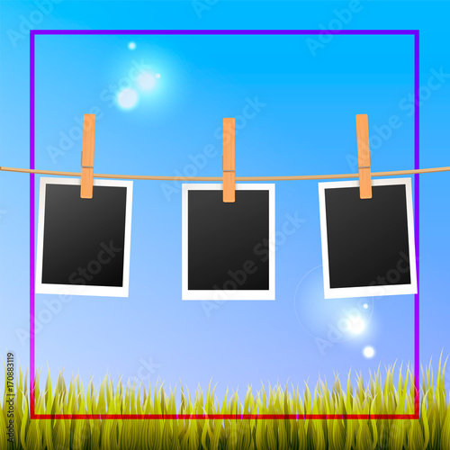 Photo frames hanging outside with wooden pegs. Vector design to share memories with your own photos