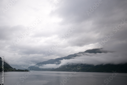 Cloudy view on the narrowest fjord in Norway